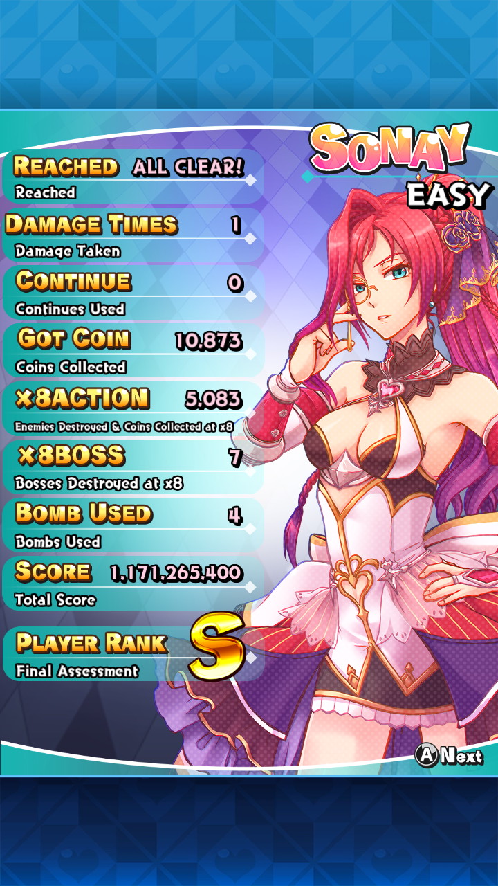 Screenshot: Sisters Royale detailed score of the character Sonay on Easy difficulty showing a score of 1 171 265 400, rank S